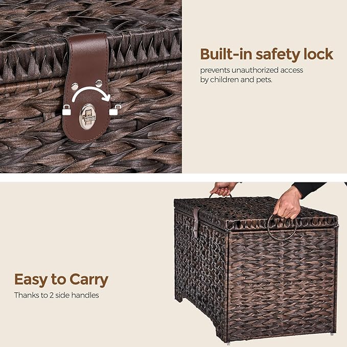 Handwoven Storage Basket with Lid, 165L Plastic Rattan Storage Bin, Leather Buckle & Metal Frame, Large Metal Ring Handles, Storage Trunk for Bedroom, Laundry Room