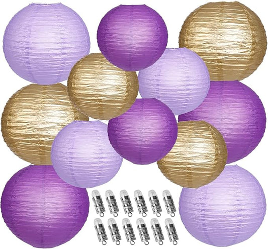 Paper Lanterns Decorative, Purple Lavender Gold Hanging Round Chinese Lanterns with Lights for Graduation Bachelorette Theme Birthday Party 12 LED Light Pack of 12