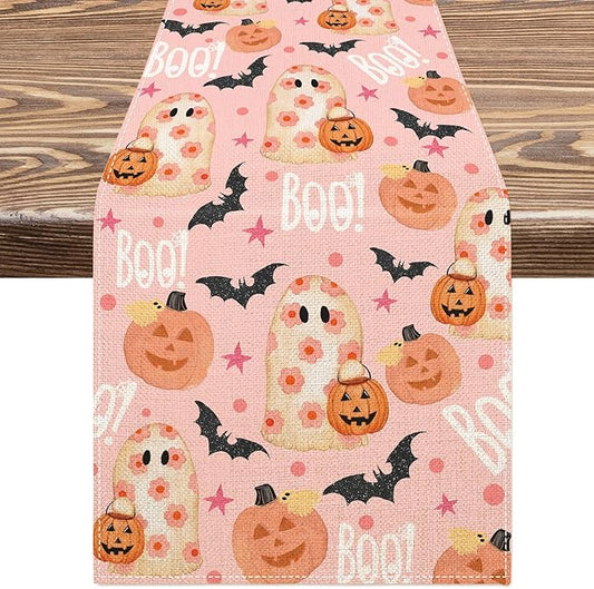 AnyDesign Halloween Table Runner Pink Spooky Ghost Pumpkin Table Cover Kitchen Dining Table Decoration Pink Halloween Table Dresser Scarves for Indoor Outdoor Home Party, 13 x 72 Inch