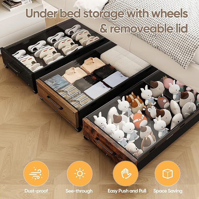 Wooden Under Bed Storage with Wheels, 80L Extra-large Rolling Under the Bed Storage Bins 2 Pack with Removable Lid, Upgrade Metal Under Bed Drawers for Clothes Shoes Blankets in Bedroom