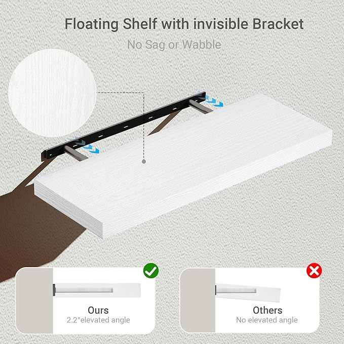 Floating Shelves for Wall 24 inchs Long, 9.1” deep x 1.5” Wall Shelf for Bedroom, Bathroom, Living Room, Kitchen, Office Home Decor, Deep Wood Shelves with Invisible Brackets, Set of 2 White