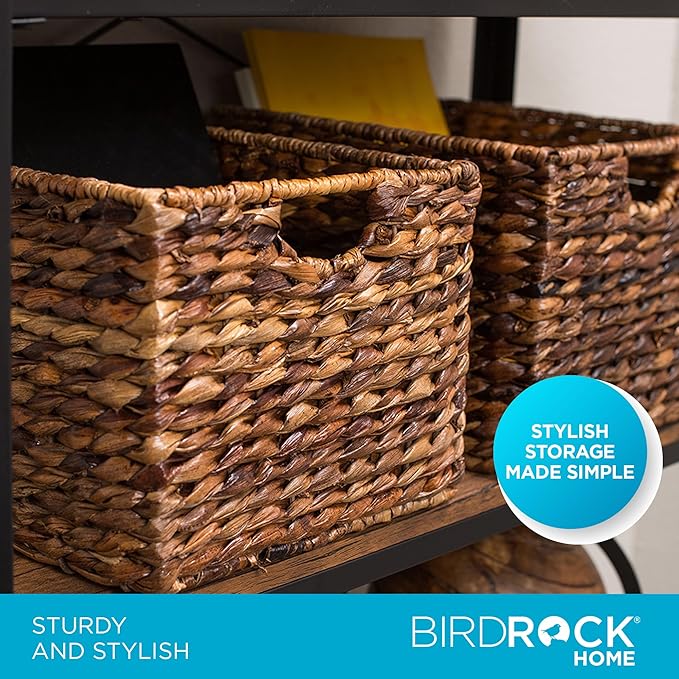 BIRDROCK HOME Woven Storage Shelf Organizer Baskets with Handles - Set of 3 - Abaca Wicker Basket - Pantry Living Room Office Bathroom Shelves Organization - Under Shelf Basket - Handwoven (Espresso)