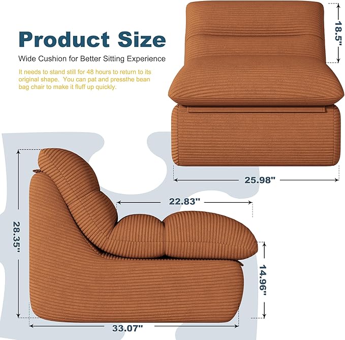 Misolant Bean Bag Chairs，Big Corduroy Fabric Sofa Bean Bag Chair for Adults and Teens with High-Resilience Sponge, Non-Slip Base Floor Lounge Sofa for Home, Living Room, Bedroom, Gaming Brown