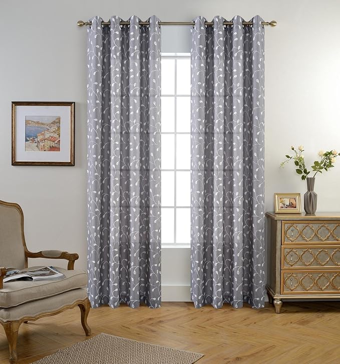 MIUCO Floral Embroidered Semi Sheer Curtains Faux Linen Grommet Curtain Panels for Bedroom 52 x 95 Inch 2 Panels, Grey