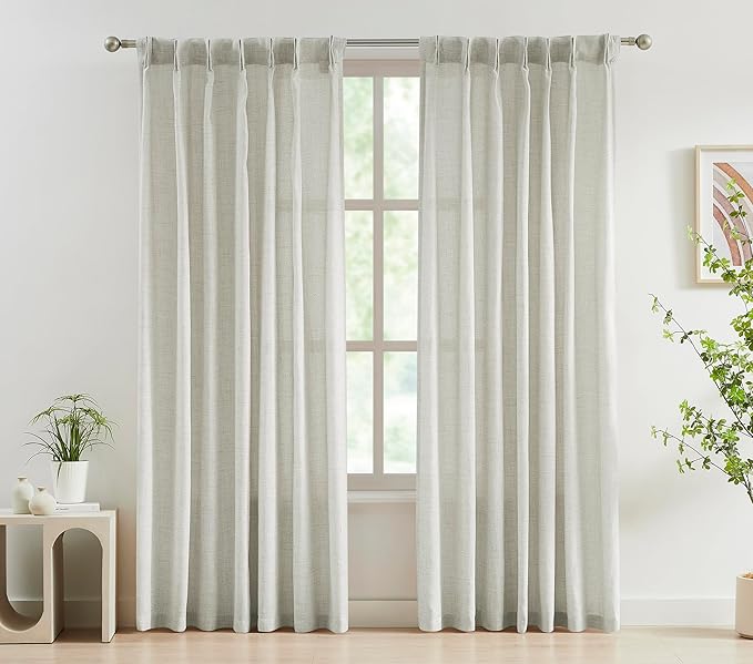 FMFUNCTEX Pinch Pleated Curtains 96 Inches Long for Living Room,Cream Beige Semi Sheer Faux Linen Textured Pleat Drapes for Bedroom with Hooks, Light Filtering Farmhouse Window Drapes 2 Panels