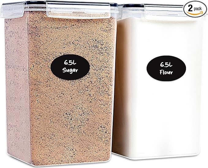Extra Large Flour and Sugar Storage Containers 6.5L - 220 Fl. Oz 2 Pc Plastic Bulk Airtight Food Storage Rice Containers With Lids - Kitchen Pantry Organizer and Storage Canisters, Marker and Labels