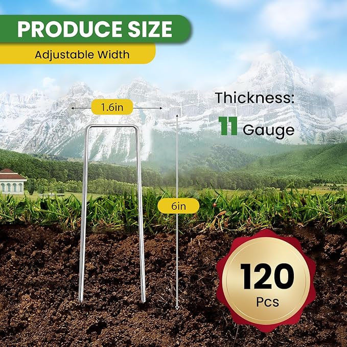 Landscape Staples Galvanized 6 Inch 120 Pcs, Metal Garden Stakes 1.6 Inch, Garden Staples for Lawn 11 Gauge
