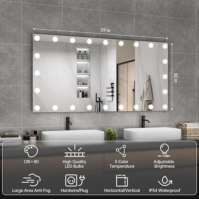 Hasipu LED Bathroom Mirror with Lights, 59" x 30" Hollywood Wall-Mounted Bathroom Mirror with 24 Dimmable Bulbs, 3 Colors Modes, Touch Control, Anti-Fog, Memory Function, Shatter-Proof, ETL Listed