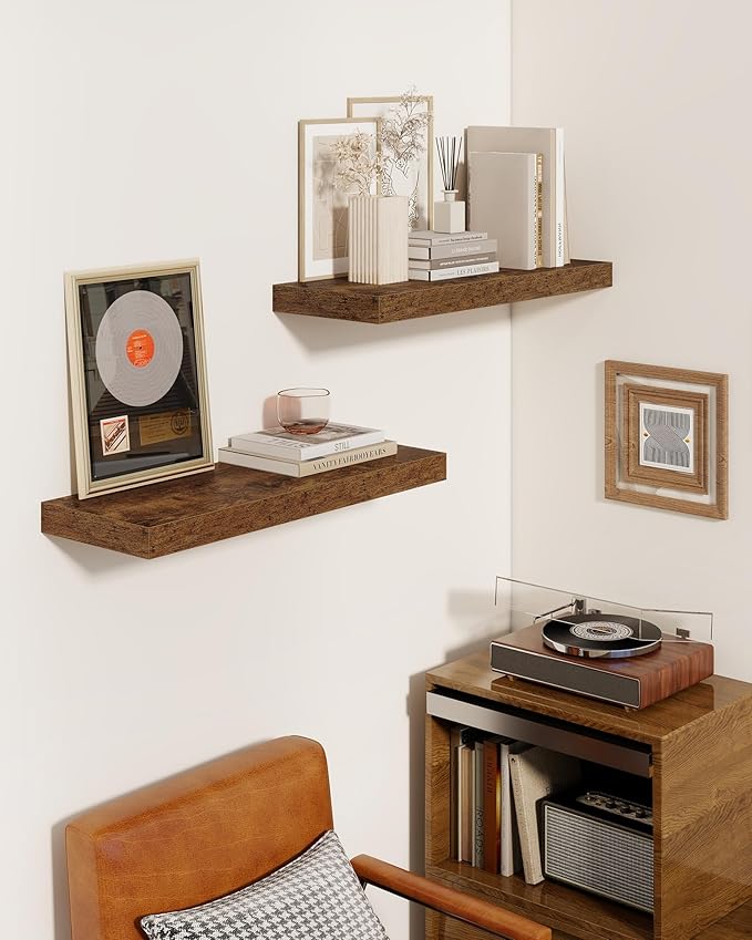 Marsmiles 31.5" Floating Shelves for Wall, Wooden Shelves with Invisible Brackets Set of 2, Rustic Farmhouse Wall Mounted Shelf for Kitchen Bathroom Living Room Study, Rustic Brown