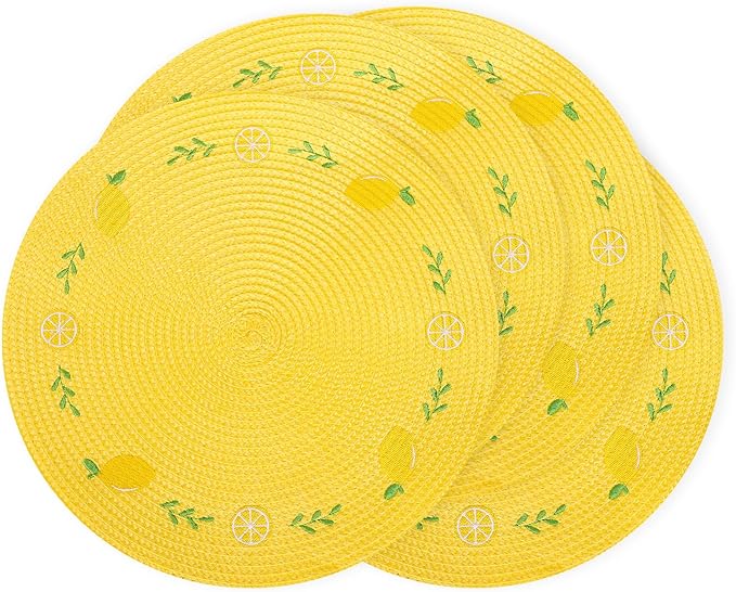 Whaline 4Pcs Round Placemats Lemon Embroidered Place Mats Summer Lemon Greenery Leaves Dinner Table Mats for Home Wedding Baby Shower Birthday Party Decor