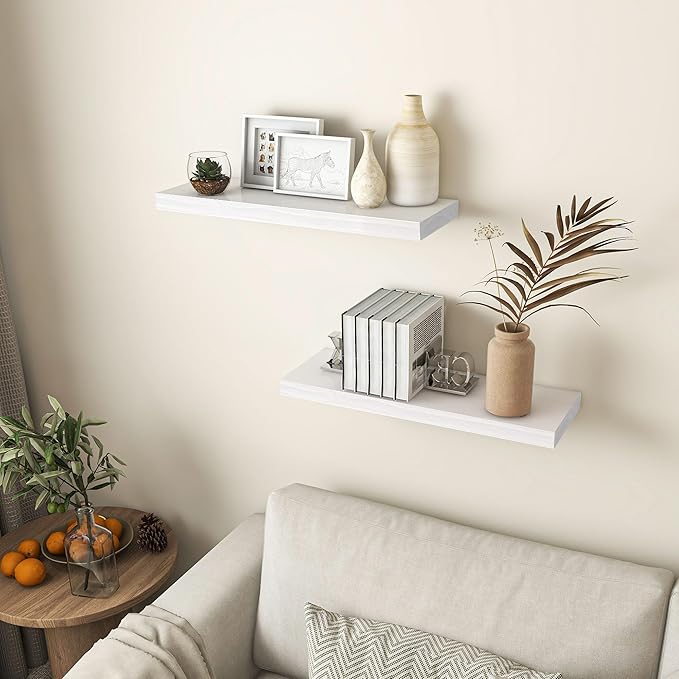 Farmhouse Floating Shelves - 8 Inch Deep Rustic Wood Wall Shelf - Premium Solid Pine Wood Storage Shelf Display Shelf for Kitchen Living Room Bedroom - 24"W x 8"D - Set of 2 - White Color