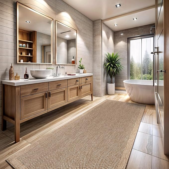 CAMILSON Indoor and Outdoor Runner Rug Natural Herringbone Seagrass Boho Design Easy-Cleaning Non Shedding Fiber Living Room Bedroom Garden Patio and Kitchen Washable Outside Carpet Alfombras (2x7)