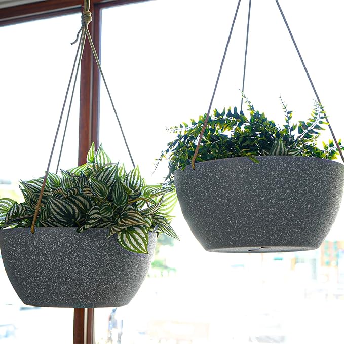 12 Inch 2 Pack Large Hanging Planters for Indoor Outdoor Plants, Plastic Hanging Basket Pots for House Plants Flowers, Grey