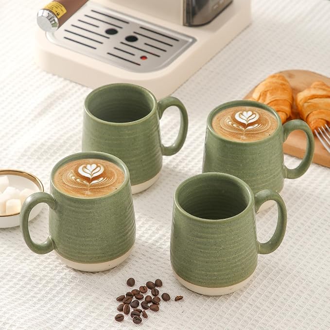 Large Ceramic Coffee Mugs Set - 15 OZ Porcelain Coffee Latte Cups Set of 4 with Handle Perfect for Cappuccino, Tea, Mocha, Hot or Cold Drinks, Unique Glaze Design for Home, Cafe and Coffee Bar, Green