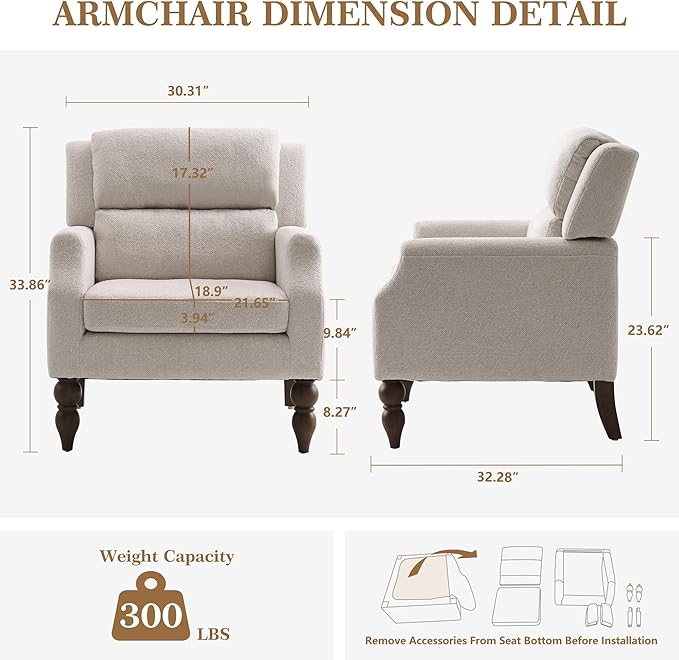 Kidol & Shellder Beige Oversized Accent Chair for Living Room Set of 2 Modern Reading Chair with Back Wide Upholstered Comfy Single Sofa Chair for Bedroom Lounge Side Corner Boucle Fabric Armchair