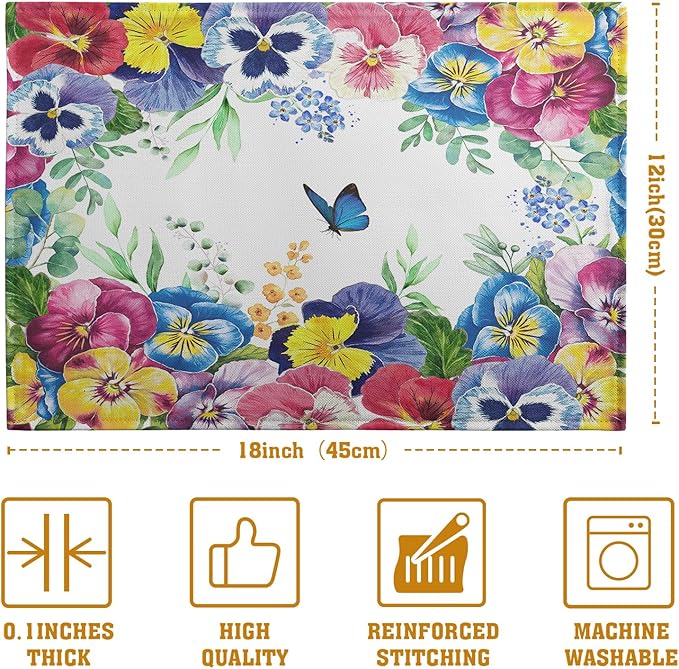 Watercolor Flowers Placemats Set of 4 Spring Summer Floral Butterfly Linen Fabric Table Mats Pansy Flower Eucalyptus Leaves Washable Place Mats for Farmhouse Dining Table Kitchen Decoration
