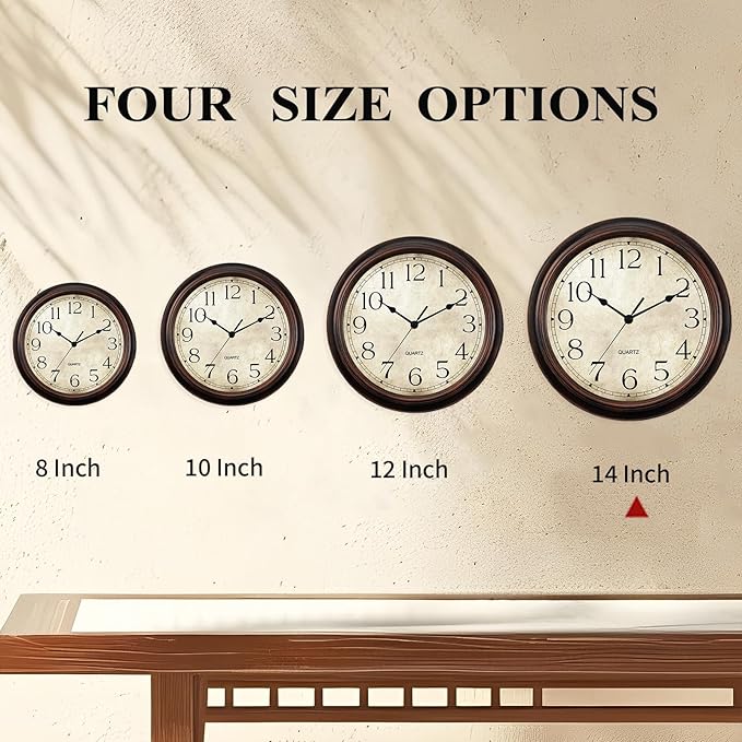 14 Inch Wall Clocks Battery Operated Silent Non-Ticking Analog Wall Clock Vintage Retro Rustic Style Decorative for Living Room Kitchen Home Office(Bronze)