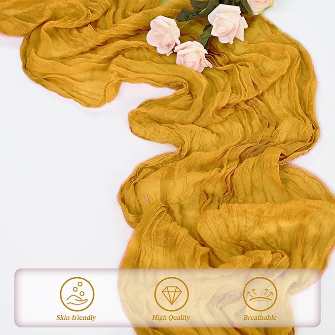 12 Pack Mustard 10FT Cheesecloth Table Runner Rustic Gauze Fabric Cheese Cloth Table Runner for Wedding Bridal Baby Shower Table Decor Boho Sheer Birthday Party Table Decorations 20 x 120 Inch Long