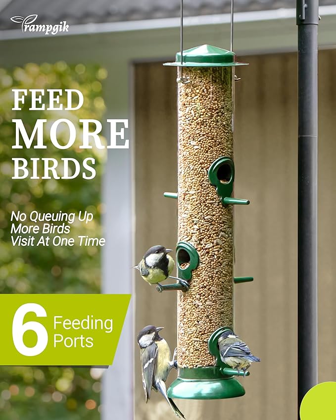Metal Tube Bird Feeders for Outdoors Hanging,Finch Feeders for Outside,Chew-Proof Hanging Birdfeeder,Squirrel-Proof 6 Ports Bird Feeder 13 Inch,Anti-Rust,Green,1 Pack(Seed is not Included)