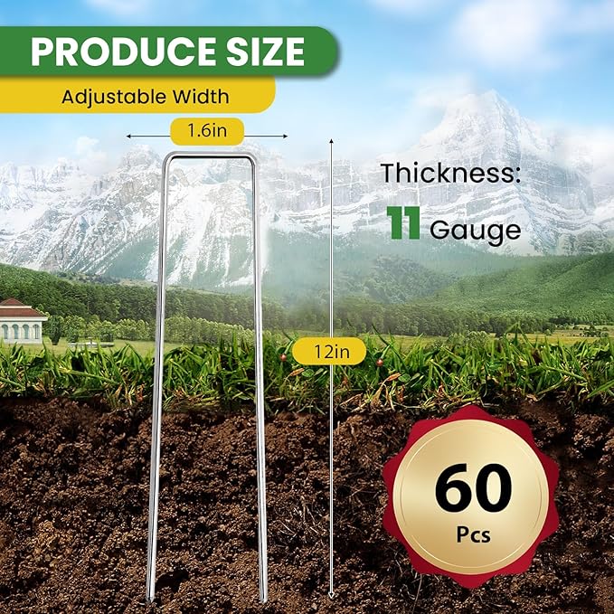 Landscape Staples Galvanized 12 Inch 60 Pcs, Metal Garden Stakes 1.6 Inch, Garden Staples for Weed Barrier Lawn 11 Gauge