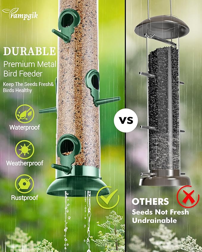 Metal Tube Bird Feeders for Outdoors Hanging,Finch Feeders for Outside,Chew-Proof Hanging Birdfeeder,Squirrel-Proof 6 Ports Bird Feeder 13 Inch,Anti-Rust,Green,1 Pack(Seed is not Included)