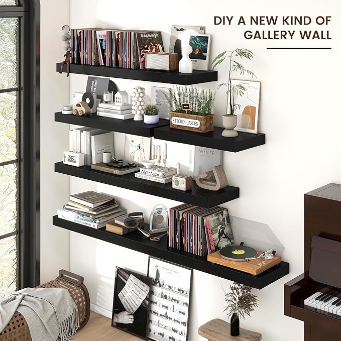 Floating Shelves - 2 Large Wall Mounted Shelves with Invisible Brackets, Long Wood Floating Wall Shelf for Living Room, Bedroom, Kitchen (Black, 48" W x 9" D x 1.5" H)