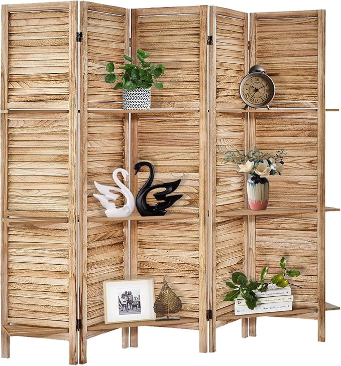 Room Divider with Shelves, Privacy Screen, Room Dividers and Folding Privacy Screens, 5 Panel Wood Temporary Wall Partition Separation Separator, Natural
