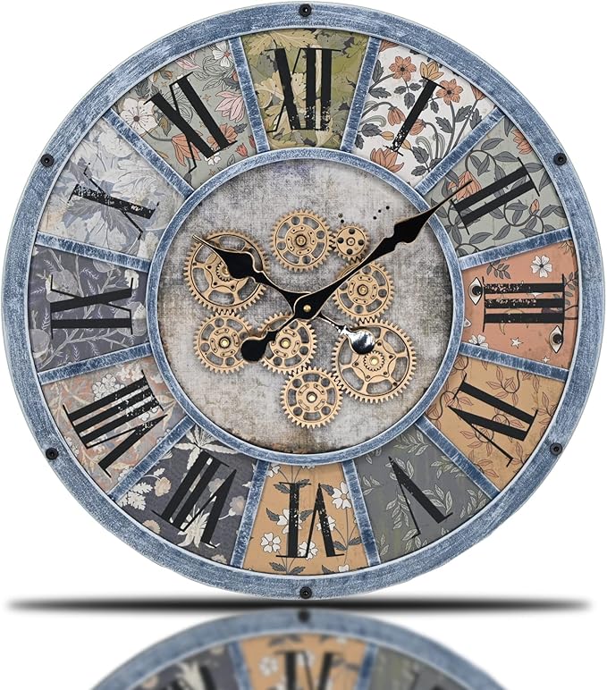 Unique Moving Gear Large Wall Clock - Battery Powered. Retro Industrial Steampunk Country Farmhouse Decor for The Living Room Kitchen Bars cafes and Offices (Blue/Metal/Round)