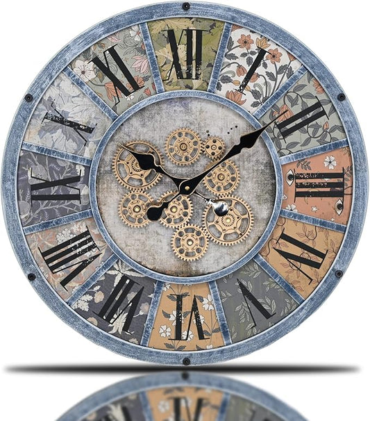 Unique Moving Gear Large Wall Clock - Battery Powered. Retro Industrial Steampunk Country Farmhouse Decor for The Living Room Kitchen Bars cafes and Offices (Blue/Metal/Round)
