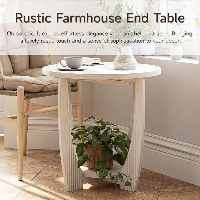 Rustic Farmhouse end Table with Storage Shelf, French Country Accent Side Table for Family, Dinning or Living Room, Small Spaces, Modern, Round, White
