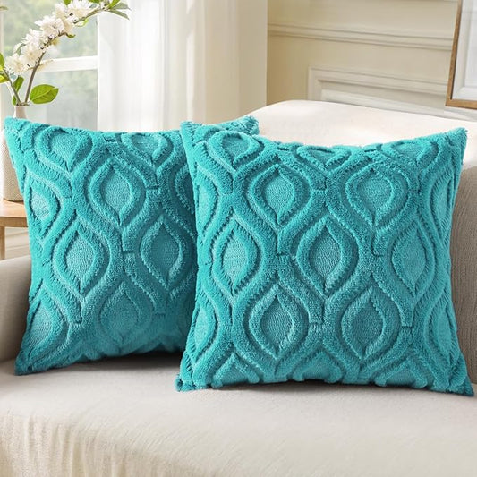 decorUhome Fall Throw Pillow Covers 16x16 Inch Set of 2, Soft Plush Decorative Faux Fur Turquoise Solid Couch Pillow Covers, Accent Farmhouse Neutral Square Euro Pillow Cases for Sofa Bed Living Room