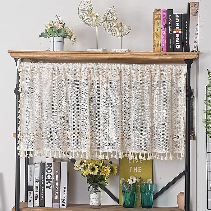 Sutuo Home Boho Sheer Curtain Valance Tier Crochet Lace with Bohemian Hollow Knitted Handmade Tassels, Short Farmhouse Window Treatment for Kitchen Cafe, Rod Pocket, 1 Panel 59" W x 24" L, Beige