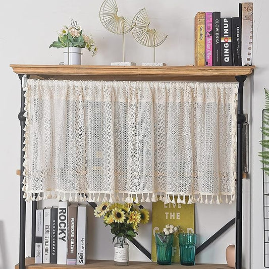 Sutuo Home Boho Sheer Curtain Valance Tier Crochet Lace with Bohemian Hollow Knitted Handmade Tassels, Short Farmhouse Window Treatment for Kitchen Cafe, Rod Pocket, 1 Panel 59" W x 24" L, Beige