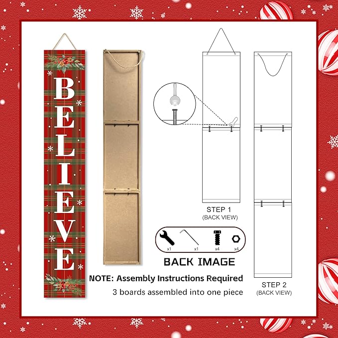 Winter Believe Porch Board Welcome Sign for Front Buffalo Plaid Door Porch Deck Patio or Wall - Indoor Outdoor Decorative Farmhouse Rustic Vertical Porch and Yard Decor - 47.2"H