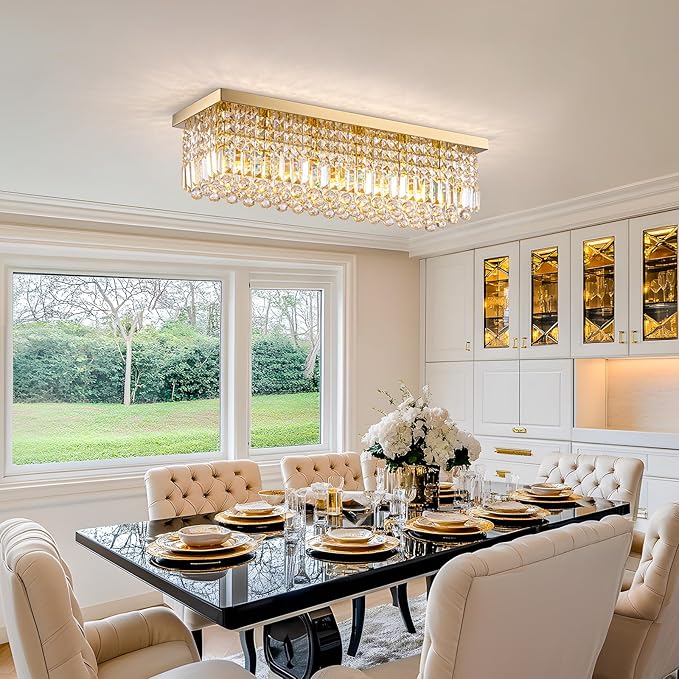 Modern Crystal Chandelier, 6 Lights Luxury Gold Rectangular Flush Mount Ceiling Light, Dining Room Light Fixture, Rectangle K9 Crystal Raindrop Chandelier for Living Room Bedroom L31.5 Inch