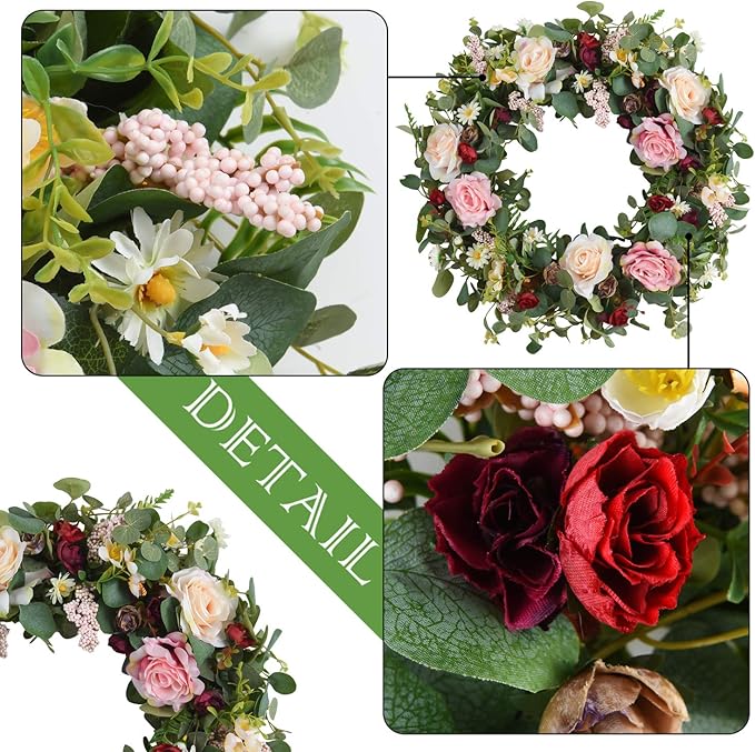 WANNA-CUL 24 Inch Large Spring Rose Wreaths for Front Door,Spring Front Door Wreath with Pink and Wine Red Floral Door Wreath with Eucalyptus Leaves for Wedding or Indoor&Outdoor Decorations