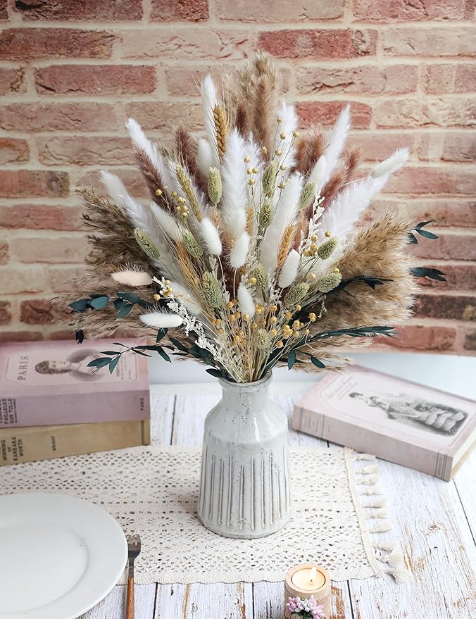 126pcs Dried Pampas Grass Decorations, Dried Flowers, Dried Bouquet in Vase, Reed Grass Bouquet for Boho Floral Wedding, Rustic Farmhouse Decor. (Vase Not Included)