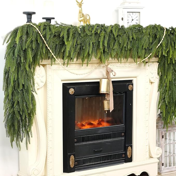 9FT Christmas Norfolk Pine Garland -2PCS, Artificial Pine Needles Garlands Faux Greenery Fake Garland for Holiday Fireplace,Table,Window,Stairs,Mante,Indoor Outdoor Decor