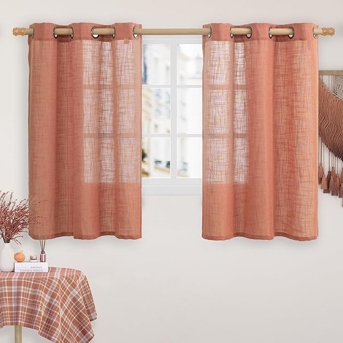LAMIT Natural Linen Semi Sheer Curtains 48 Inch for Short Windows, Light Filtering Curtains Farmhouse Boho Bronze Grommet Drapes for Kitchen/Loft Room, 2 Panels (34 x 48 Inch, Terracotta)