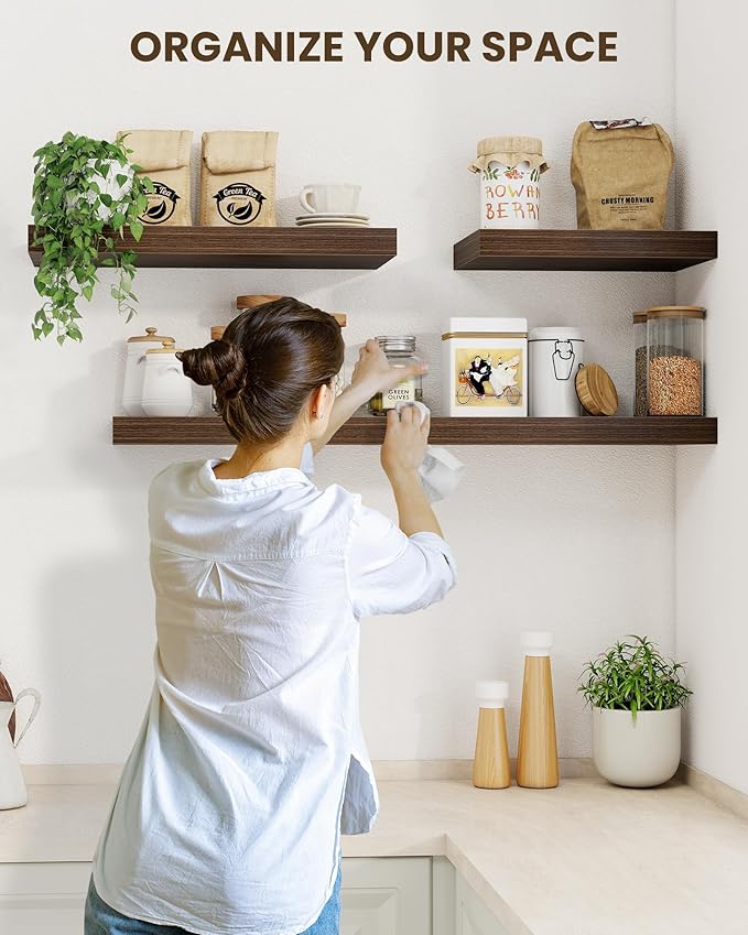Marsmiles 48" Floating Shelves for Wall, Wooden Shelves with Invisible Brackets Set of 2, Rustic Farmhouse Wall Mounted Shelf for Kitchen Bathroom Living Room Study, Walnut