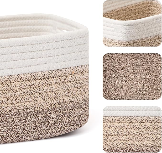 Small Storage Baskets for Organizing | Closet Organizer Bins | Shelf Toy Basket | Woven Rope Baskets | Cube Decorative Box | Shallow Basket | 13x8.5x5.1” | 3 Packs Gradient Brown