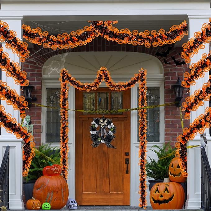 TURNMEON 2 Pack Halloween Garland Total 66 Ft Halloween Tinsel Garland with Black Orange Pumpkin Metallic Twist Black Tinsel Garlands Outdoor Halloweens Decorations Indoor for Home Mantle Door Tree