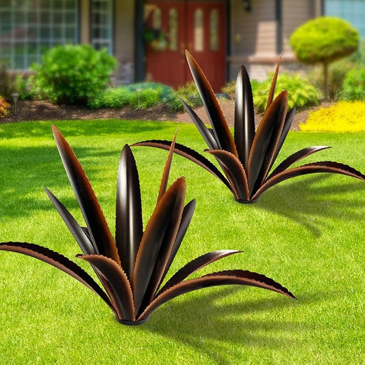 TOMBABY Enlarge Thickened Wind Resistant Metal Agave Garden Art Plant Country Garden Sculpture Statue Outdoor Decoration Agave Metal Plant Courtyard Ornament Gift (2, 12 Leaves Black)
