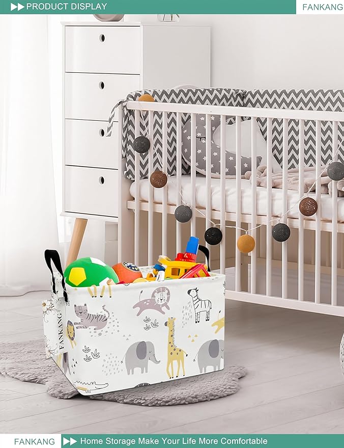FANKANG Storage Bins, Nursery Hamper Canvas Laundry Basket Foldable with Waterproof PE Coating Large Storage Baskets for Kids Boys and Girls, Office, Bedroom, Clothes,Toys(Rec-Lovely Animals ）