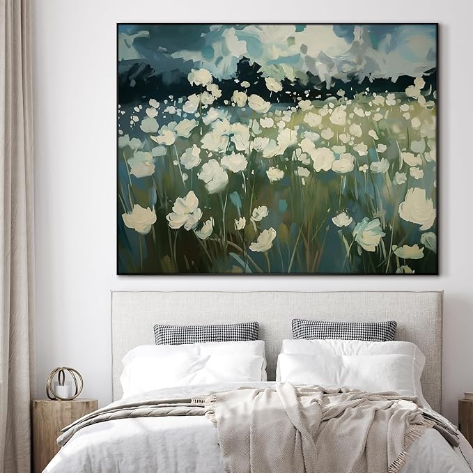 SIGNWIN 36"x46" Extra Large Framed Wall Art White Wildflower Field in Impressionist Style, Soft Floral Landscape for Home Living Room Bedroom Decor (Frame Assembly Required)