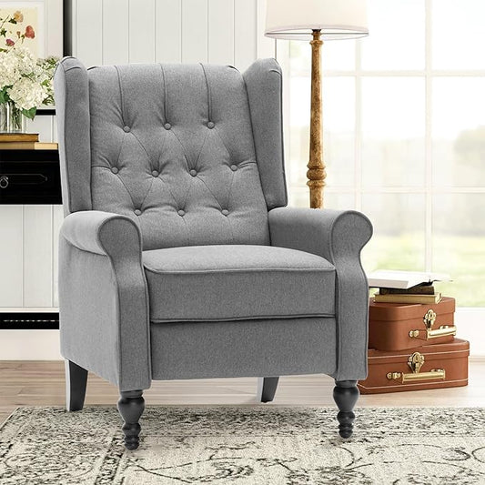 Mid Century Wingback Recliner Chair for Adults, Modern Linen Fabric Push Back Recliner Chairs with Button Tufted Upholstered Back & Footrest, Manual Recliner Chais for Living Room, Nursery, Gray