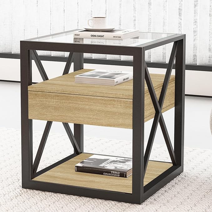 Farmhouse End Table Set of 2, Modern Side Table with Drawer&3-Tier Storage Shelf, Square Rustic Nightstand, Accent Tea Table, for Bedroom Office Living Room, Brown, Natural Wood, Glass, Metal