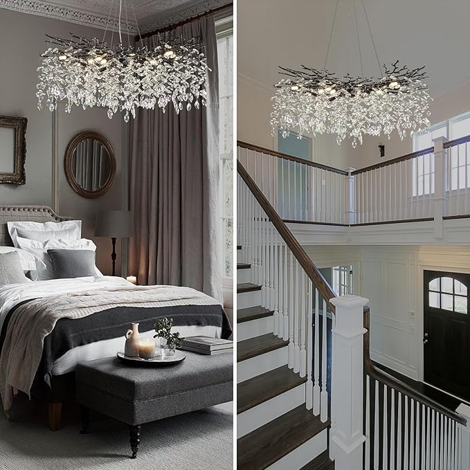 Modern Black Crystal Tree Branch Chandelier,14-Light 40" Black K9 Crystal Chandeliers for Living Room, Round Chandelier for Dining Room,High Ceiling,Kitchen Island,Foyer,Staircase