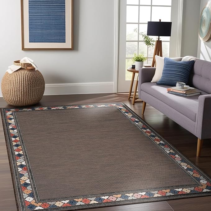Beverly Rug Outdoor Rug 9x12 Modern Bordered Large Area Rugs for Indoor and Outdoor Patio Easy to Clean Non Shedding Living Room Porch Garden Washable Outside Carpet (9 x 12 Brown)