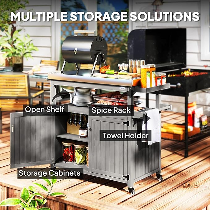 Outsunny Outdoor Grill Cart with Wheels and Storage, Solid Wood Outdoor Kitchen Island with Stainless Steel Top, Movable Bar Cart with Spice Rack, Side Handle, Integrated Hole for BBQ, Gray